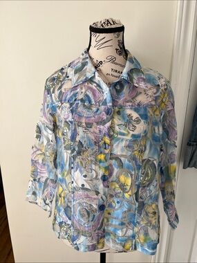 Source Unknown Pastel Swirl Button-Up Blouse in Blue, Purple, Yellow